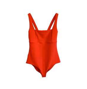 red vintage one piece with wide straps, ribbed, Baywatch Wendy Peppercorn vintage lifeguard 